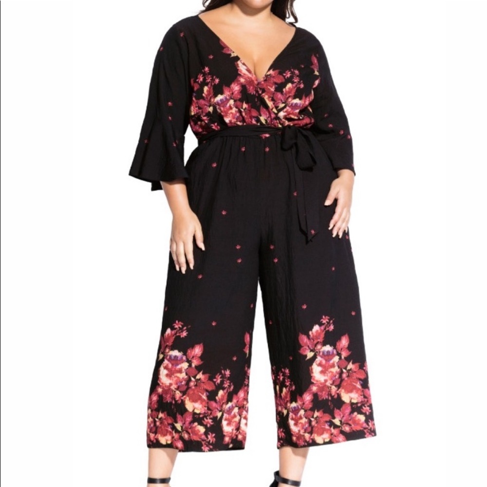 City Chic Black Floral Rose Wide Leg Jumpsuit